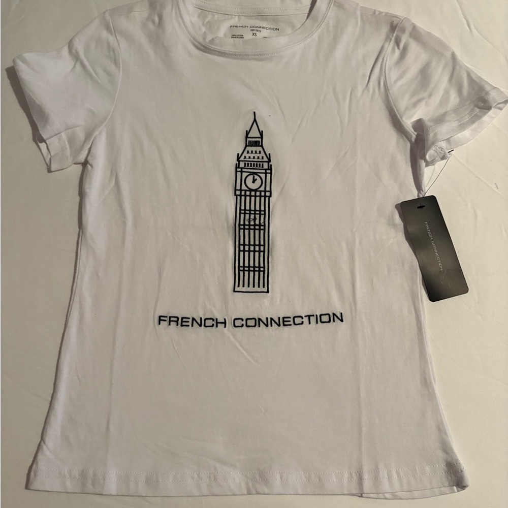 French Connection White Tee with Black Tower Graphic